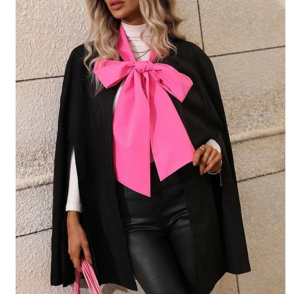 Pink Bow Tie Black Cloak Sleeve Cape Coat Jacket - Picture 1 of 7